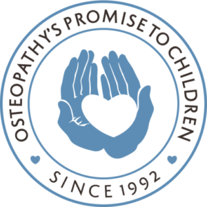osteopathy's promise to children circular logo with blue hands holding a heart